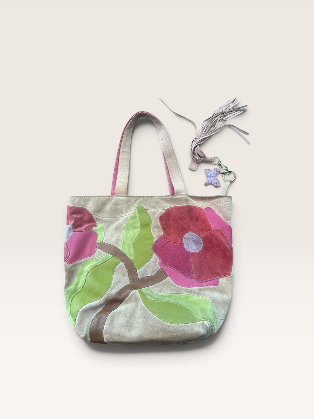 Coach Poppy for Peace Suede Tote 9259 Pink Green Floral Appliqué Tassel Charm